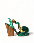 Dolce & Gabbana Green Crystal Mink Fur T-Strap Sandals