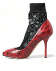 Dolce & Gabbana Red Almond Toe Snakeskin Pumps with Lace Socks