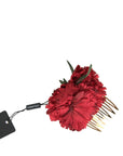 Dolce & Gabbana Red Silk Floral Gold Brass Women Hair Comb