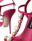 Dolce & Gabbana Pink Embellished Leather Sandals Heels Shoes