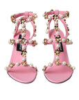 Dolce & Gabbana Pink Leather Embellished Heels Sandals Shoes
