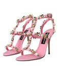 Dolce & Gabbana Pink Leather Embellished Heels Sandals Shoes