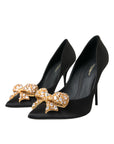 Dolce & Gabbana Black Satin Bow Crystal Heels Pumps Shoes