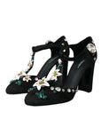 Dolce & Gabbana Black Lilies Crystal Heels Pumps Shoes
