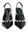 Dolce & Gabbana Black Leather Faux Pearl Heel Slingback Shoes