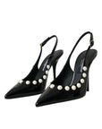 Dolce & Gabbana Black Leather Faux Pearl Heel Slingback Shoes