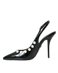 Dolce & Gabbana Black Leather Faux Pearl Heel Slingback Shoes