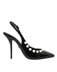 Dolce & Gabbana Black Leather Faux Pearl Heel Slingback Shoes