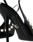 Dolce & Gabbana Black Leather Faux Pearl Heel Slingback Shoes