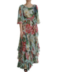 Dolce & Gabbana Blue Floral Print Tiered Long Maxi Dress