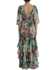 Dolce & Gabbana Blue Floral Print Tiered Long Maxi Dress