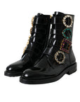 Dolce & Gabbana Black Leather Crystal Buckles Boots Shoes
