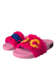 Dolce & Gabbana Multicolor Embroidered Fur Slides Sandals Shoes