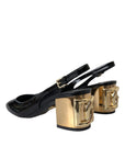 Dolce & Gabbana Black Gold Leather Embellished Slingbacks Shoes