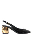 Dolce & Gabbana Black Gold Leather Embellished Slingbacks Shoes