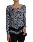 Just Cavalli Blue Floral Lace Long Sleeves Top Underwear Blouse