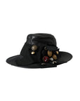 Dolce & Gabbana Black Leather DG Coin Crystal Wide Brim Hat