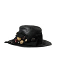Dolce & Gabbana Black Leather DG Coin Crystal Wide Brim Hat