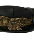 Dolce & Gabbana Black Leather Crystal Beads Gold Ribbon Fiddler Cap