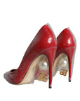 Dolce & Gabbana Red Patent Leather Faux Pearl Heels Pumps Shoes