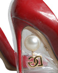 Dolce & Gabbana Red Patent Leather Faux Pearl Heels Pumps Shoes