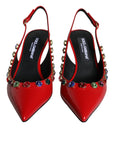 Dolce & Gabbana Red Leather Crystal Heels Slingback Shoes