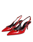 Dolce & Gabbana Red Leather Crystal Heels Slingback Shoes