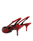 Dolce & Gabbana Red Leather Crystal Heels Slingback Shoes