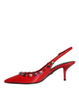 Dolce & Gabbana Red Leather Crystal Heels Slingback Shoes