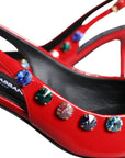 Dolce & Gabbana Red Leather Crystal Heels Slingback Shoes