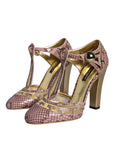 Dolce & Gabbana Pink Gold Leather Pumps T-strap Sandals Shoes