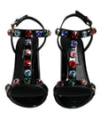 Dolce & Gabbana Black Crystal Leather T-strap Sandals Shoes