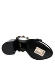 Dolce & Gabbana Black Crystal Leather T-strap Sandals Shoes