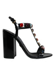 Dolce & Gabbana Black Crystal Leather T-strap Sandals Shoes