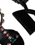 Dolce & Gabbana Black Crystal Leather T-strap Sandals Shoes