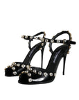 Dolce & Gabbana Black Leather Crystal Ankle Strap Sandals Shoes