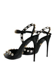 Dolce & Gabbana Black Leather Crystal Ankle Strap Sandals Shoes