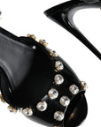 Dolce & Gabbana Black Leather Crystal Ankle Strap Sandals Shoes