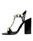 Dolce & Gabbana Black Leather Pearls T-strap Sandals Shoes