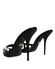 Dolce & Gabbana Black Leather Pearls Slides Sandals Shoes
