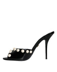 Dolce & Gabbana Black Leather Pearls Slides Sandals Shoes