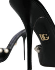 Dolce & Gabbana Black Leather Pearls Slides Sandals Shoes