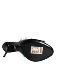 Dolce & Gabbana Black Leather Pearls Slides Sandals Shoes