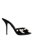 Dolce & Gabbana Black Leather Pearls Slides Sandals Shoes