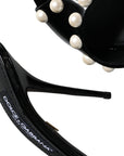 Dolce & Gabbana Black Leather Pearls Slides Sandals Shoes