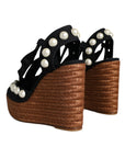 Dolce & Gabbana Black Pearl Wedge Heels Sandals Shoes
