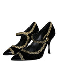 Dolce & Gabbana Black Mary Janes Velvet Gold Pumps Shoes