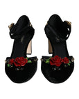 Dolce & Gabbana Black Velvet Roses Ankle Strap Pumps Shoes