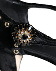 Dolce & Gabbana Black Velvet Roses Ankle Strap Pumps Shoes