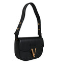 Versace Black Grainy Calf Leather Logo Crossbody Shoulder Bag